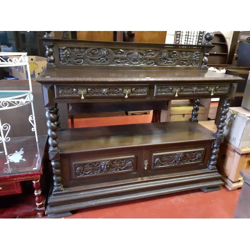 587 - Solid Dark Oak Carved Dumbwaiter with Barley Twist Columns and 2 Drawers and Double Cupboard Beneath... 