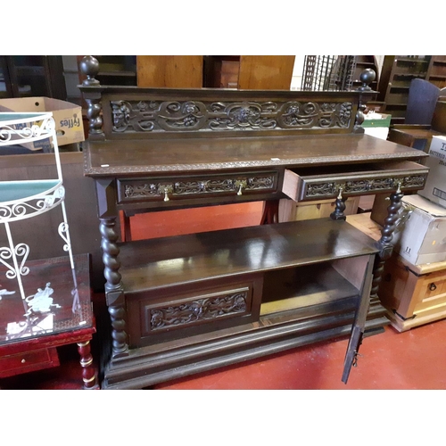 587 - Solid Dark Oak Carved Dumbwaiter with Barley Twist Columns and 2 Drawers and Double Cupboard Beneath... 