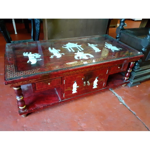 589 - Oriental Inlaid Coffee Table with Cupboard & Two Drawers, Red Lacquered Finish & Glass Top.