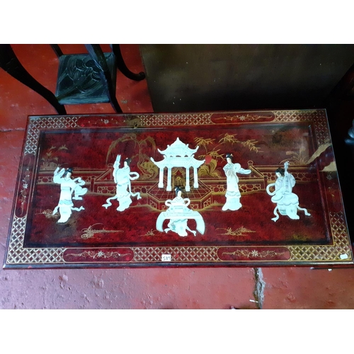 589 - Oriental Inlaid Coffee Table with Cupboard & Two Drawers, Red Lacquered Finish & Glass Top.