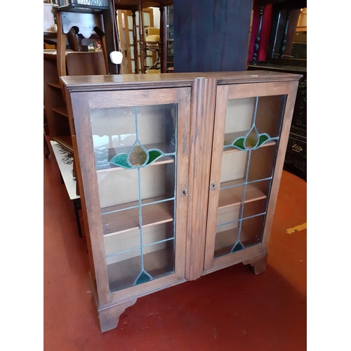 590 - Oak 2 Door Glazed Leaded Glass Cabinet with Three Shelves.