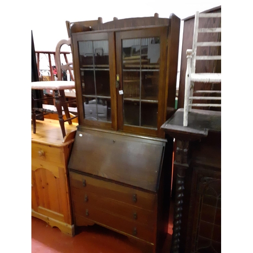 607 - Glazed Top Mahogany Writing Bureau Bookcase Over 3 Drawers.