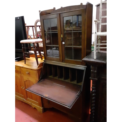 607 - Glazed Top Mahogany Writing Bureau Bookcase Over 3 Drawers.