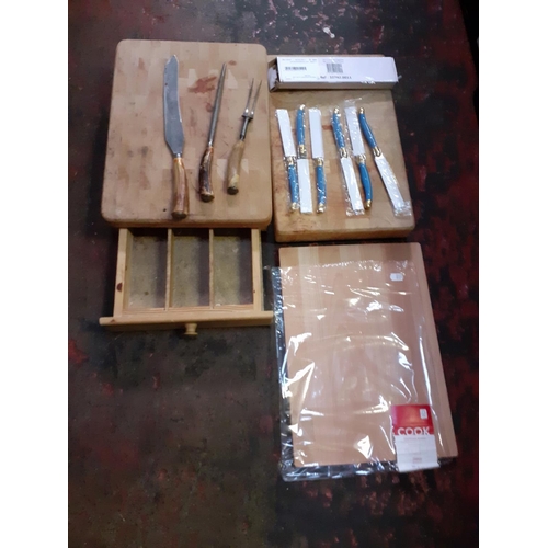 61 - Box to Include Wooden Boards, Carving Set etc.