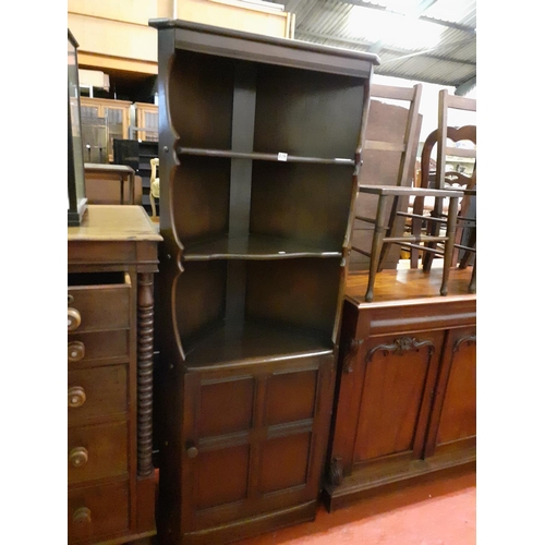 624 - Priory Oak Single Door Corner Cupboard with Open Shelf Top.