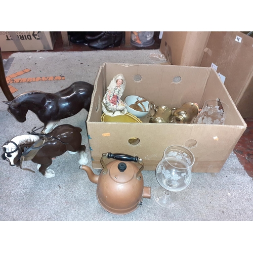 99 - Box to Include Shire Horse Figures, Copper Kettle, Glass Ware & China etc.