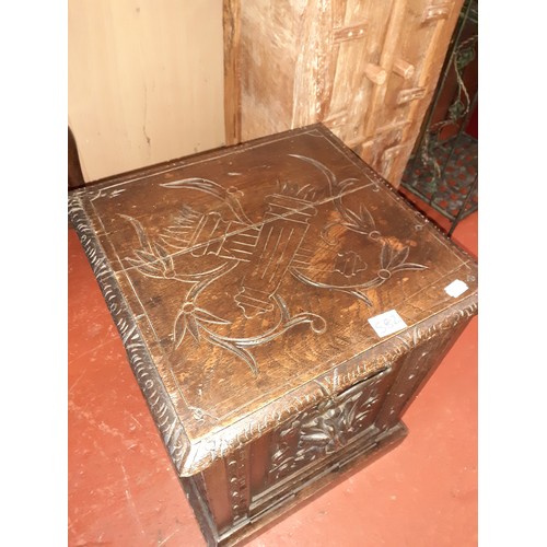 582 - Oak Carved Coal Box with Original Lead Lining.