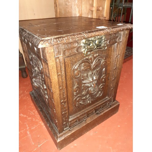 582 - Oak Carved Coal Box with Original Lead Lining.