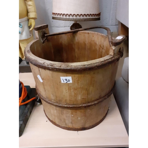 130 - Vintage Wooden Pail with Cast Handle.