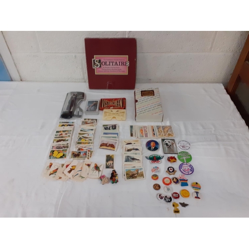 177 - Box to Include Games, Badges, Cigarette Cards, Parker Pen etc.