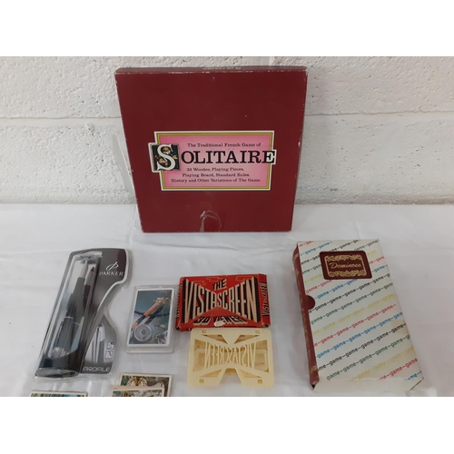 177 - Box to Include Games, Badges, Cigarette Cards, Parker Pen etc.