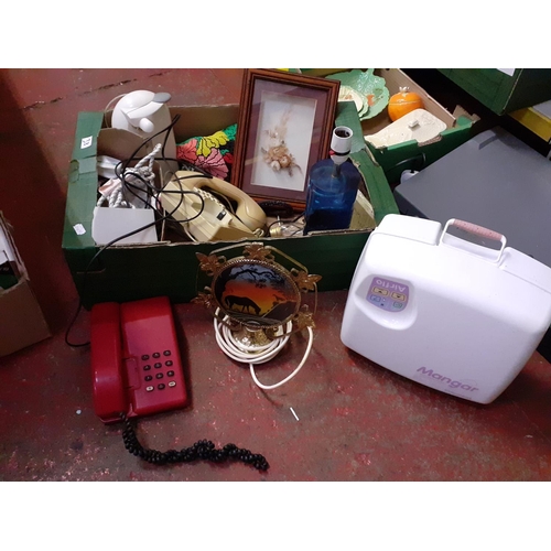 38 - Box to Include a Iron, Table Lamps, a Airflo Compressor, Electric Can Opener, Retro Telephones, Bead... 