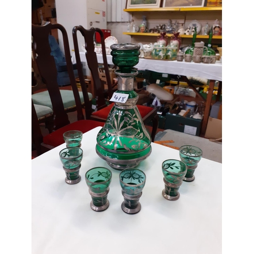 418 - Green Glass Hand Decorated Decanter with 6 Matching Shot Glasses.