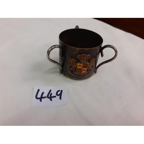 449 - Plated Triple Handled Miniature Welsh Mug.