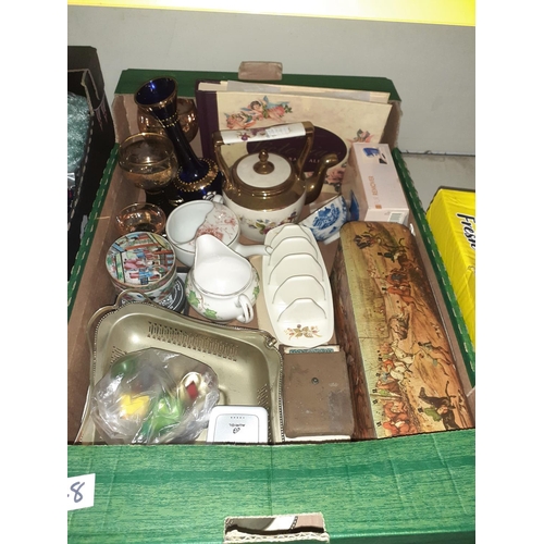 48 - Box to Include Collectable Tin, Ceramic Toast Rack, Plated Dish, Glass Ware, China etc.