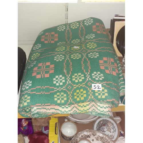 52 - Green, Pink and Cream Patterned Welsh Blanket - Has a few tiny holes in centre - see additional imag... 