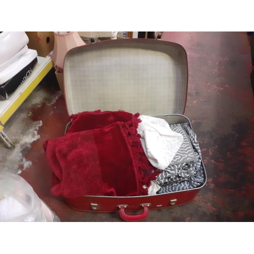 60 - Vintage Suitcase and Quantity of Table Cloths, Linen etc.