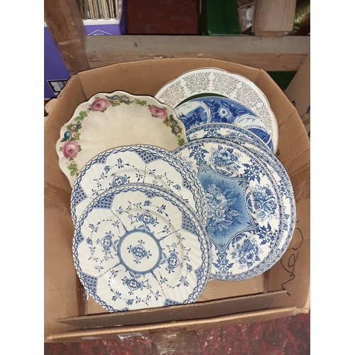 86 - Box of Blue & White Plates to Include Ironstone Copenhagen & Royal Tudor Ware.