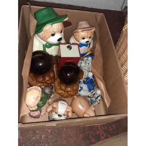 112 - Box to Include Bear Cookie Jars, Pig Money Boxes, Continental Figures etc.