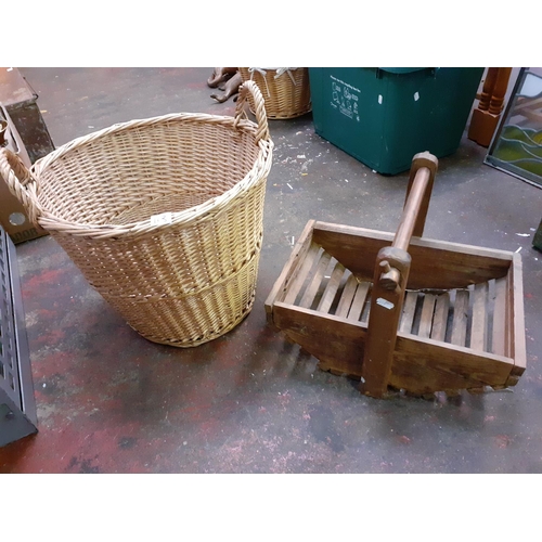 113 - Wicker Basket and Hand Made Wooden Trug Basket.