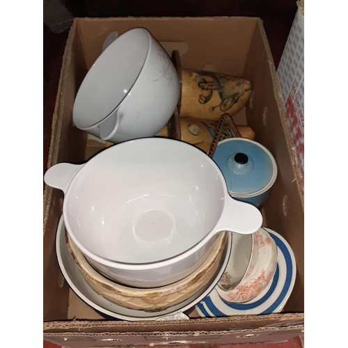 119 - Box of Cookware, Wooden Clogs, Jardinière etc.