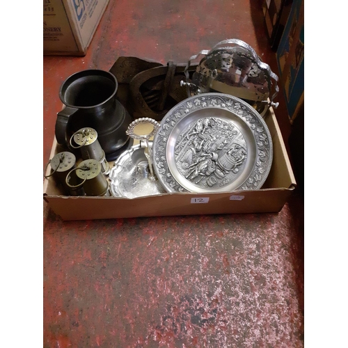 12 - Box to Include Plated Cake Stands, Pewter Measure etc.