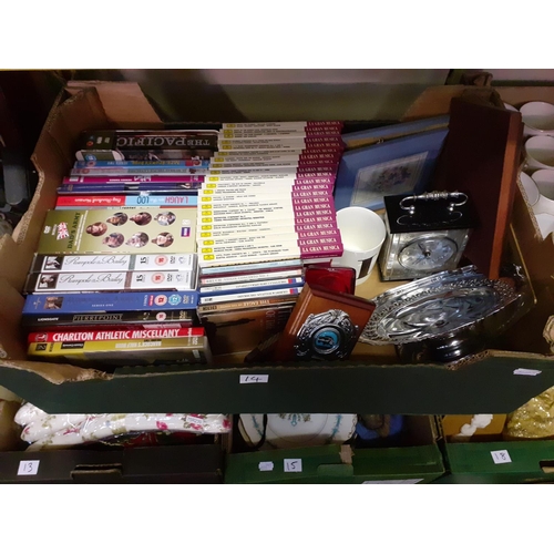 14 - Box of DVD's, Videos, Plated Ware, Carriage Clock etc.