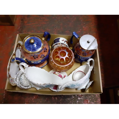 17 - Box to Include Carnival Glass Posy Pot, Part Tea Service etc.