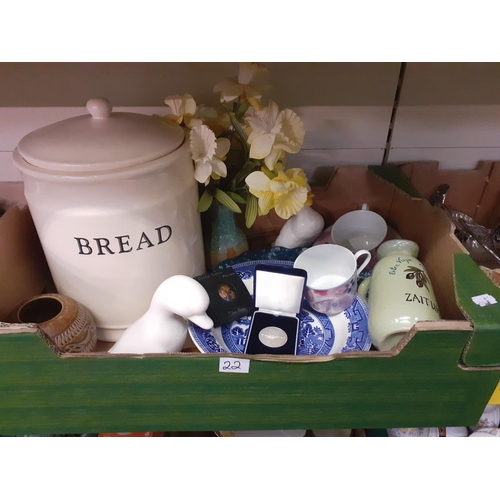 22 - Box to Include Ceramic Bread Bin, Duck Figures, China etc.