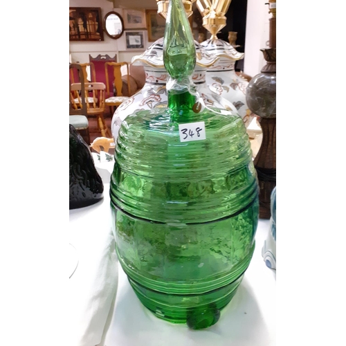 348 - Green Glass Juice Dispenser Barrell with Stopper - No Tap.