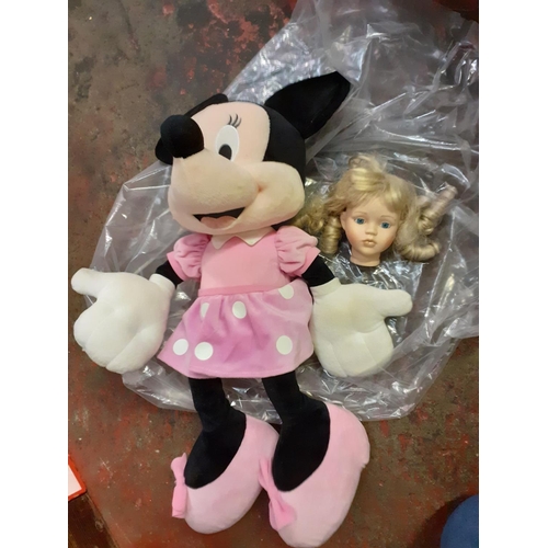 43 - Large Plush Minnie Mouse Toy & Ceramic Dolls Head marked 