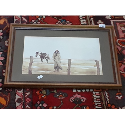 441 - Framed & Glazed Print of Indian and Horse in Field by Martin Caulkin.