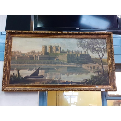 451 - Vintage Canvas Picture of Carmarthen in Gilt Frame.