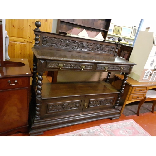 517 - Solid Dark Oak Carved Dumbwaiter with Barley Twist Columns and 2 Drawers and Double Cupboard Beneath... 