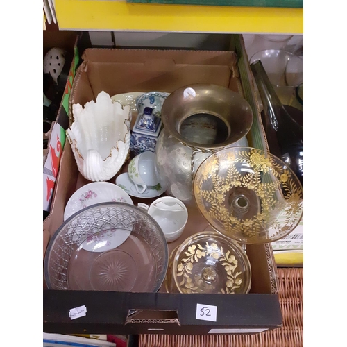 52 - Box of China, Large Metal Vase and Glass Ware etc.