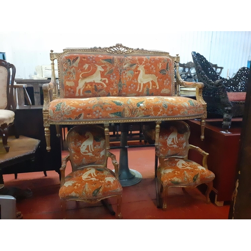 534 - French Giltwood Louis XVI Two Seater Salon Settee with Two Matching Salon Chairs.