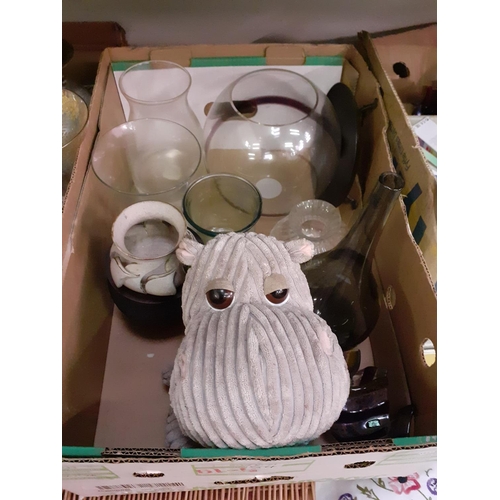 54 - Box of Large Glass Vases & Bowls along with a Hippo Door Stop.