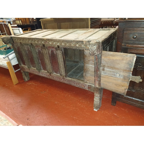 542 - 18th/19th Century Indian Wood Carved Front Indian Dowry Chest with Sliding Front Panel, Hidden Secre... 