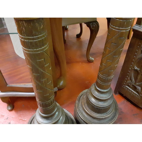 547 - Pair of Large Oak, Carved & Barley Twist Based Church Candle Holders - approximately 50