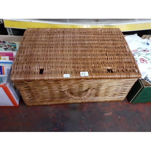 55 - Woven Wicker Basket & Selection of Linen.