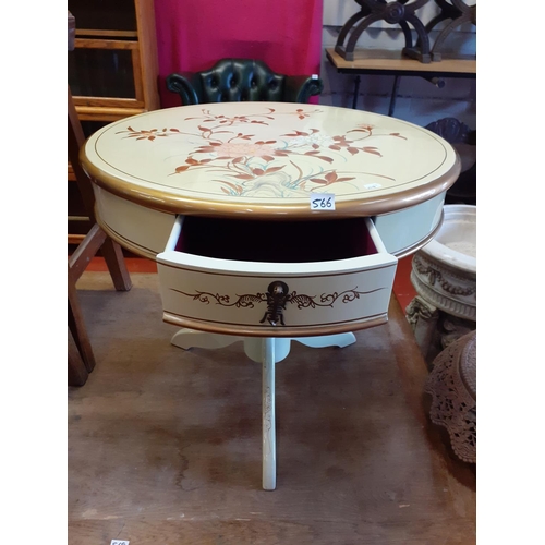 566 - Hand Painted Drum Table with Single Drawer on Pedestal Leg Base.