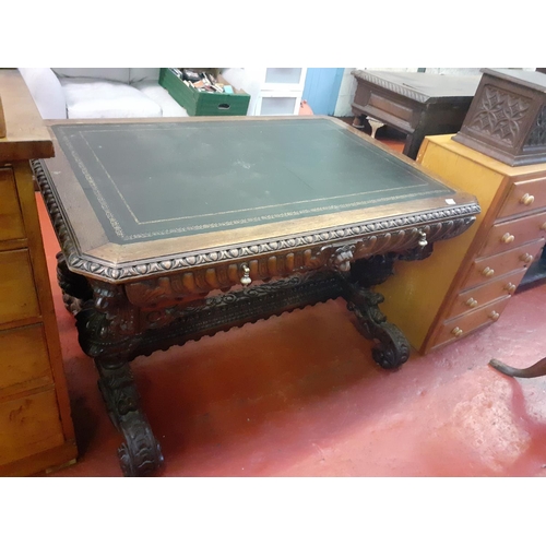 580 - Victorian Carved Oak Single Drawer Desk With Lion Head Mask Carvings and Leather Inlaid Top - approx... 