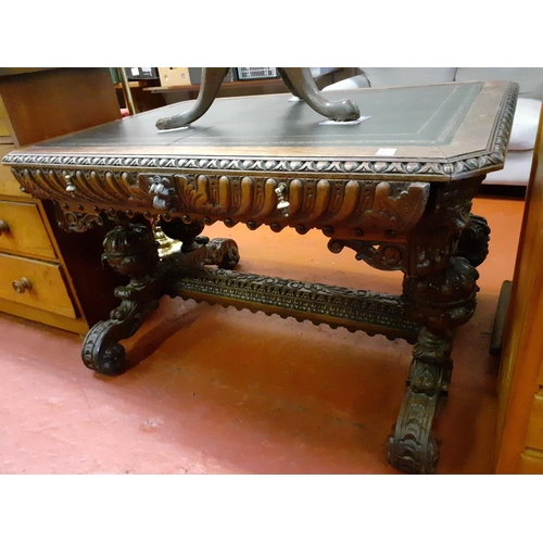 580 - Victorian Carved Oak Single Drawer Desk With Lion Head Mask Carvings and Leather Inlaid Top - approx... 