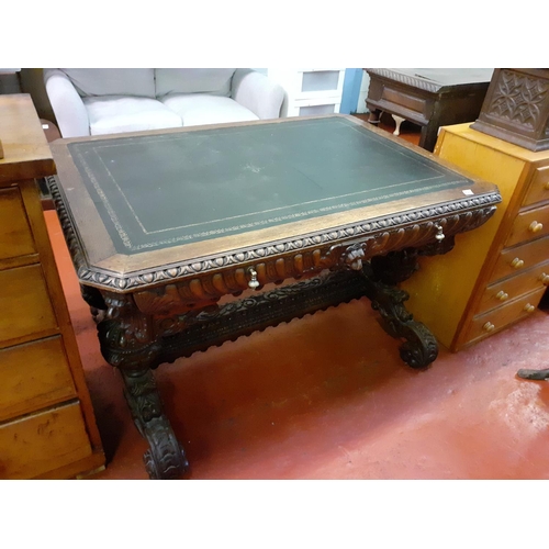 580 - Victorian Carved Oak Single Drawer Desk With Lion Head Mask Carvings and Leather Inlaid Top - approx... 