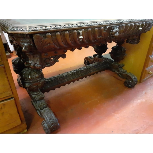 580 - Victorian Carved Oak Single Drawer Desk With Lion Head Mask Carvings and Leather Inlaid Top - approx... 