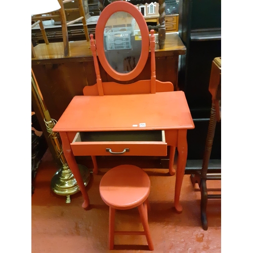 597 - Painted Red Single Drawer Dressing Table with Cheval Mirror and Stool.