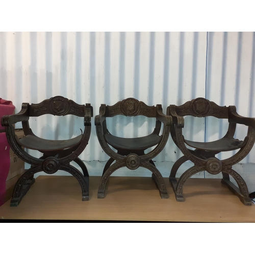 607 - Set of Six Savonarola Saddle Leather Oak Carved Neoclassical Renaissance Curule Throne Chairs with X... 