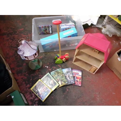 61 - Box to Include Dolls House, DVD's, Play Rapunzel Tower, Sylvanian Family Play Tent, Toys etc.