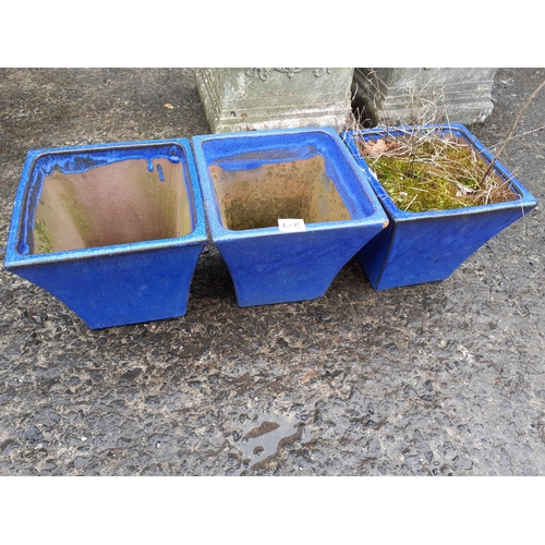 618 - Three Glazed Blue Planters - 22cm Square & 20cm High.