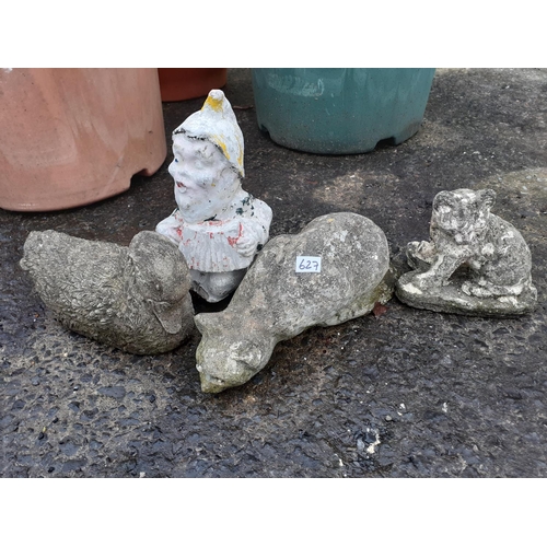 627 - Four Small Concrete Garden Ornaments - Two Cats, Gnome & Duck.